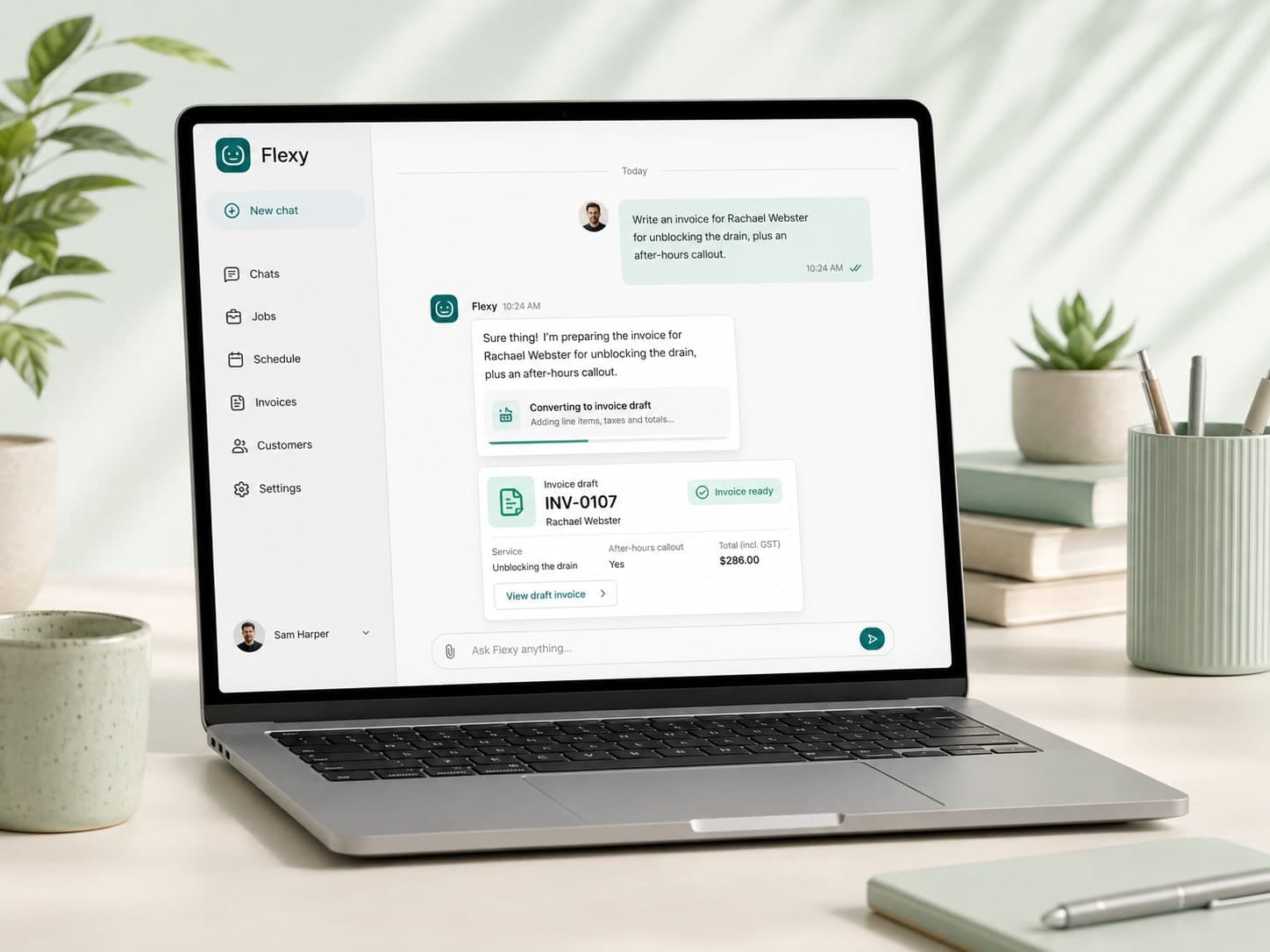 Flexy AI chat drafting an invoice for a client on a laptop